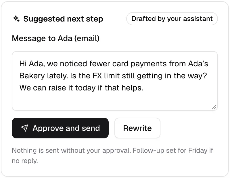 Coming soon: a follow-up message drafted for you, with Approve and send